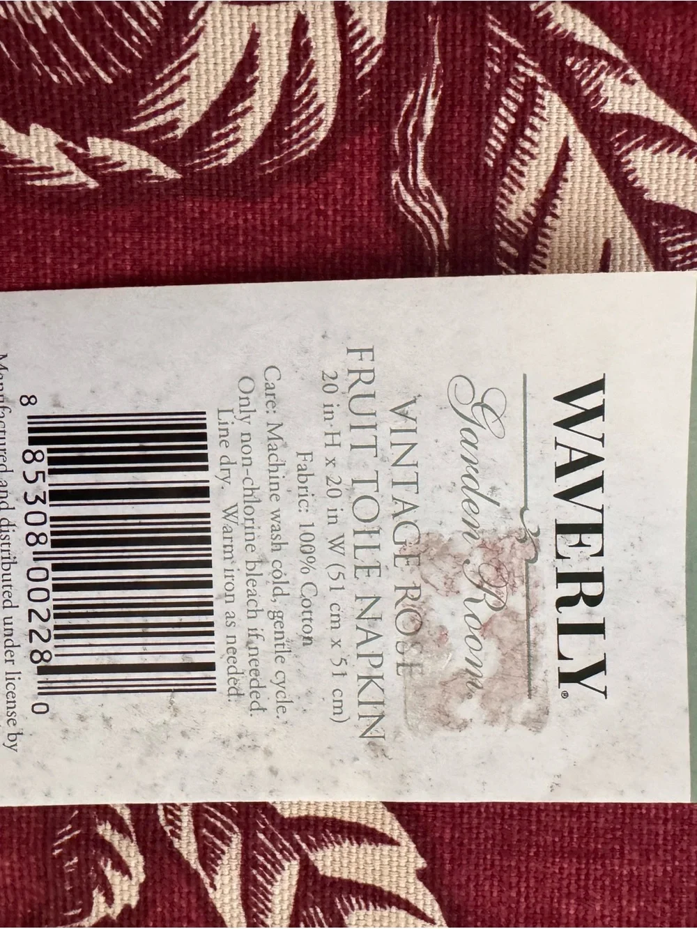Waverly Burgundy Vintage Rose Toile Cotton Napkins - Set of 5